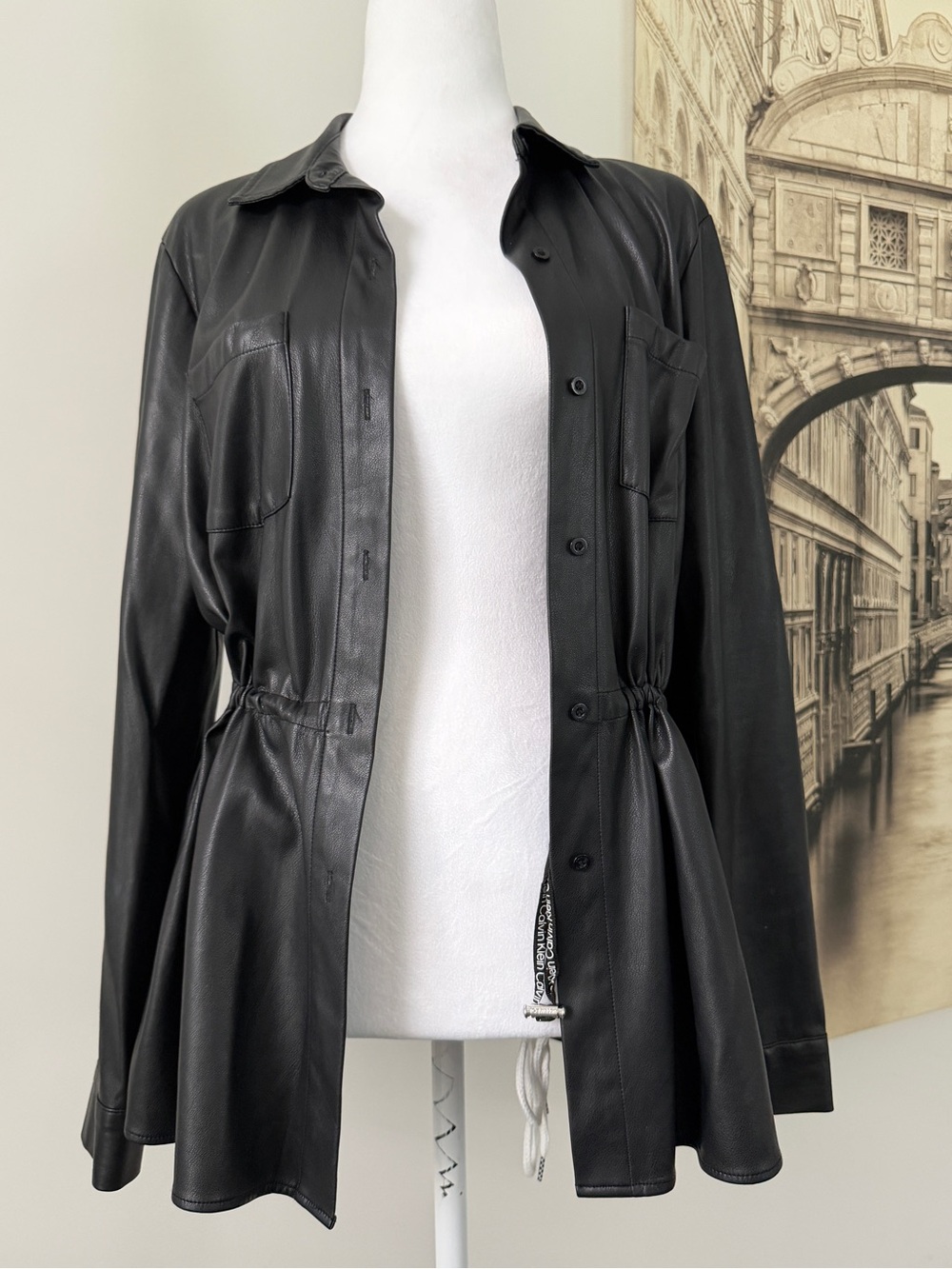 Like New Black Faux Leather Drawstring Shirt Jacket